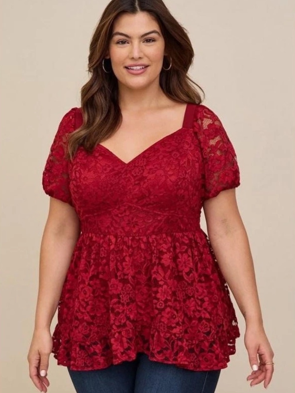 TORRID Red Sweetheart Neck Top with Puff Sleeves & Delicate Lace Overlay